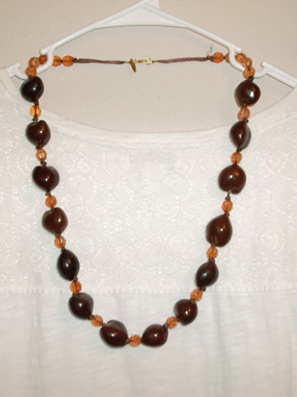 Long Chunky Necklace Beaded NY Brown Nut and Orange Jewelry Statement Big D506